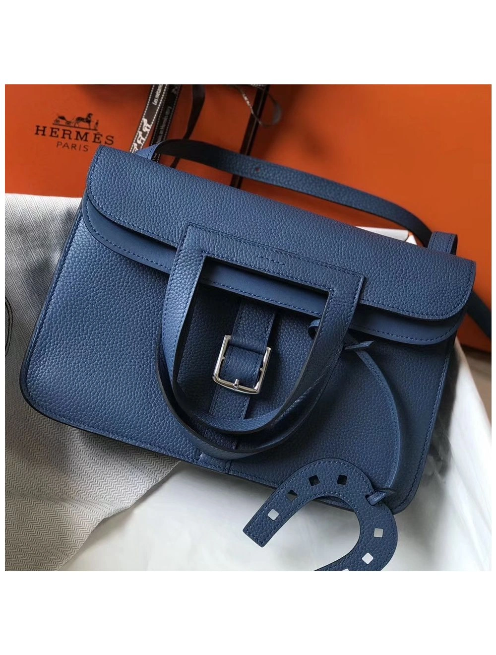 Hermes Halzan 31cm Bag In Blue Agate Clemence Leather