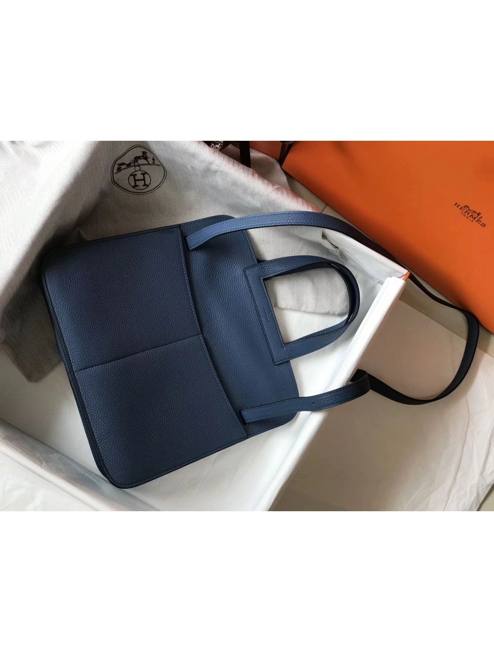 Hermes Halzan 31cm Bag In Blue Agate Clemence Leather