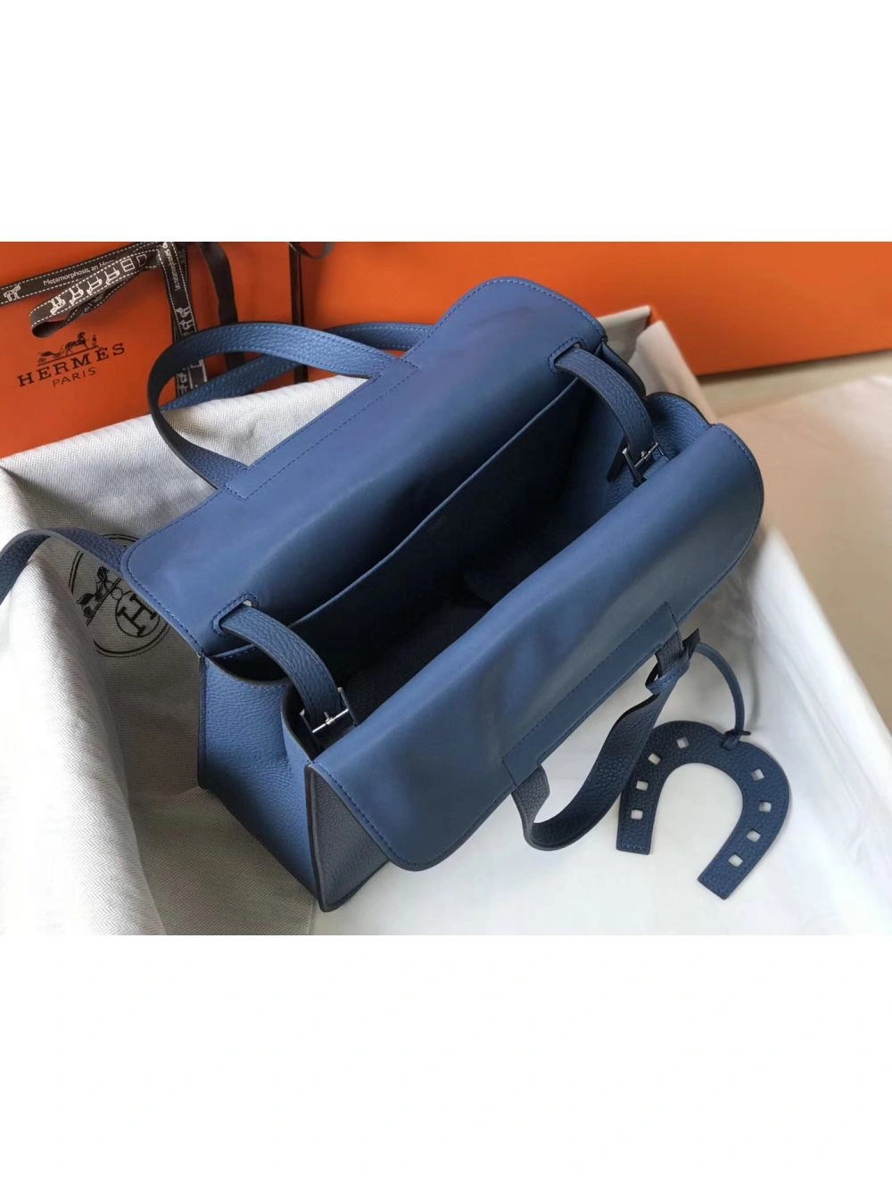 Hermes Halzan 31cm Bag In Blue Agate Clemence Leather