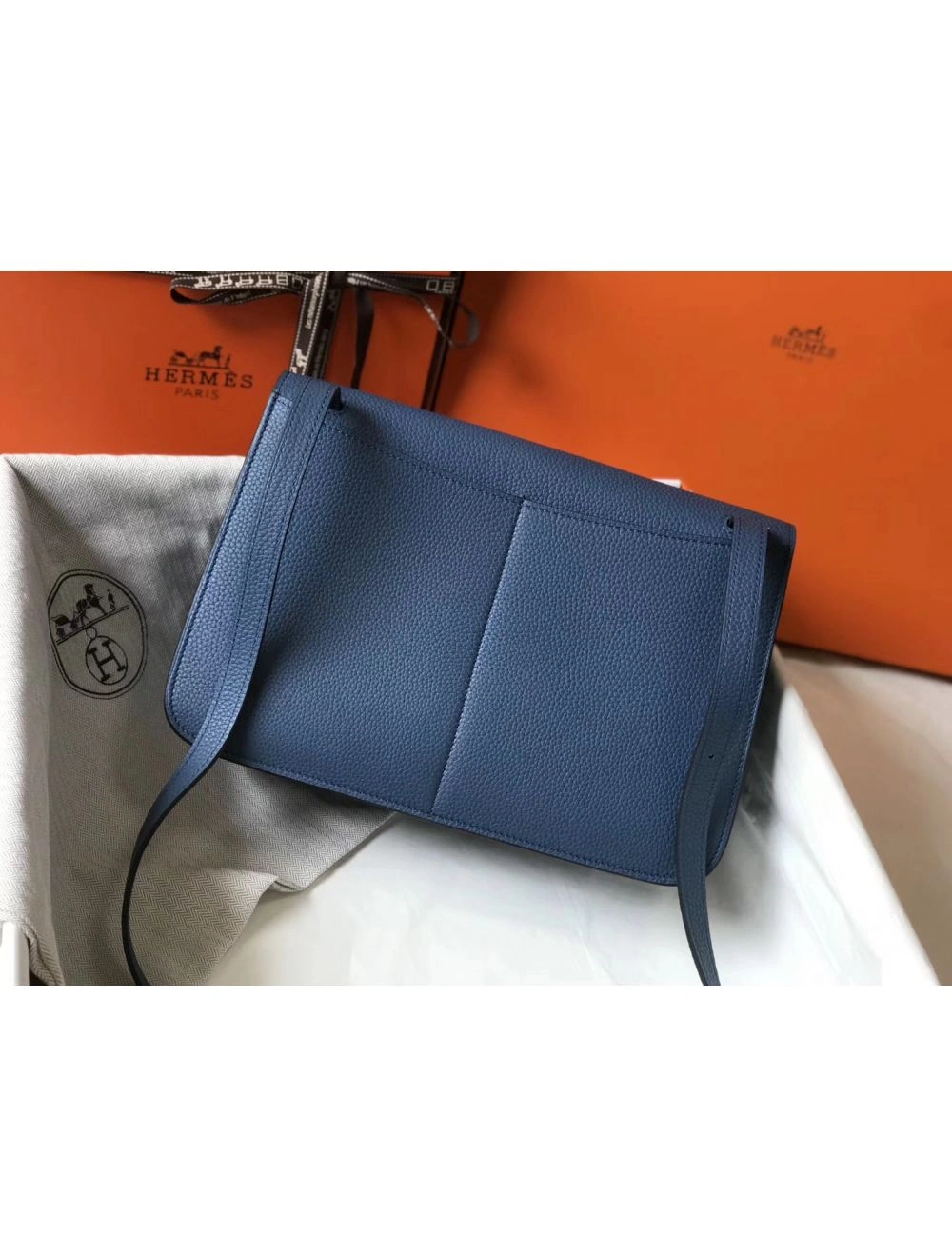Hermes Halzan 31cm Bag In Blue Agate Clemence Leather