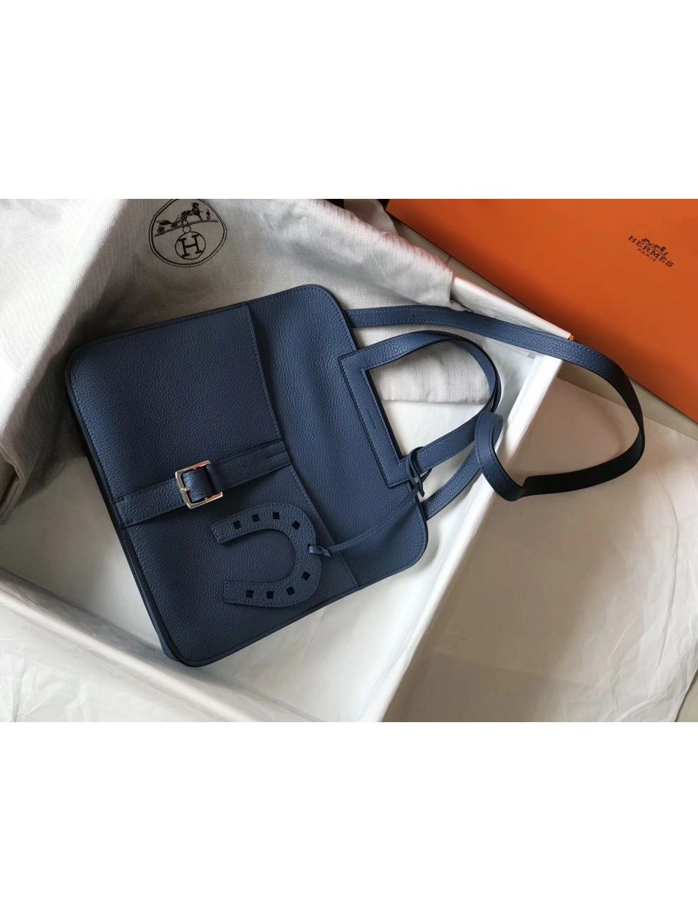 Hermes Halzan 31cm Bag In Blue Agate Clemence Leather