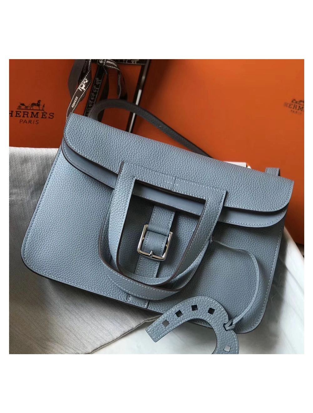 Hermes Halzan 31cm Bag In Blue Lin Clemence Leather