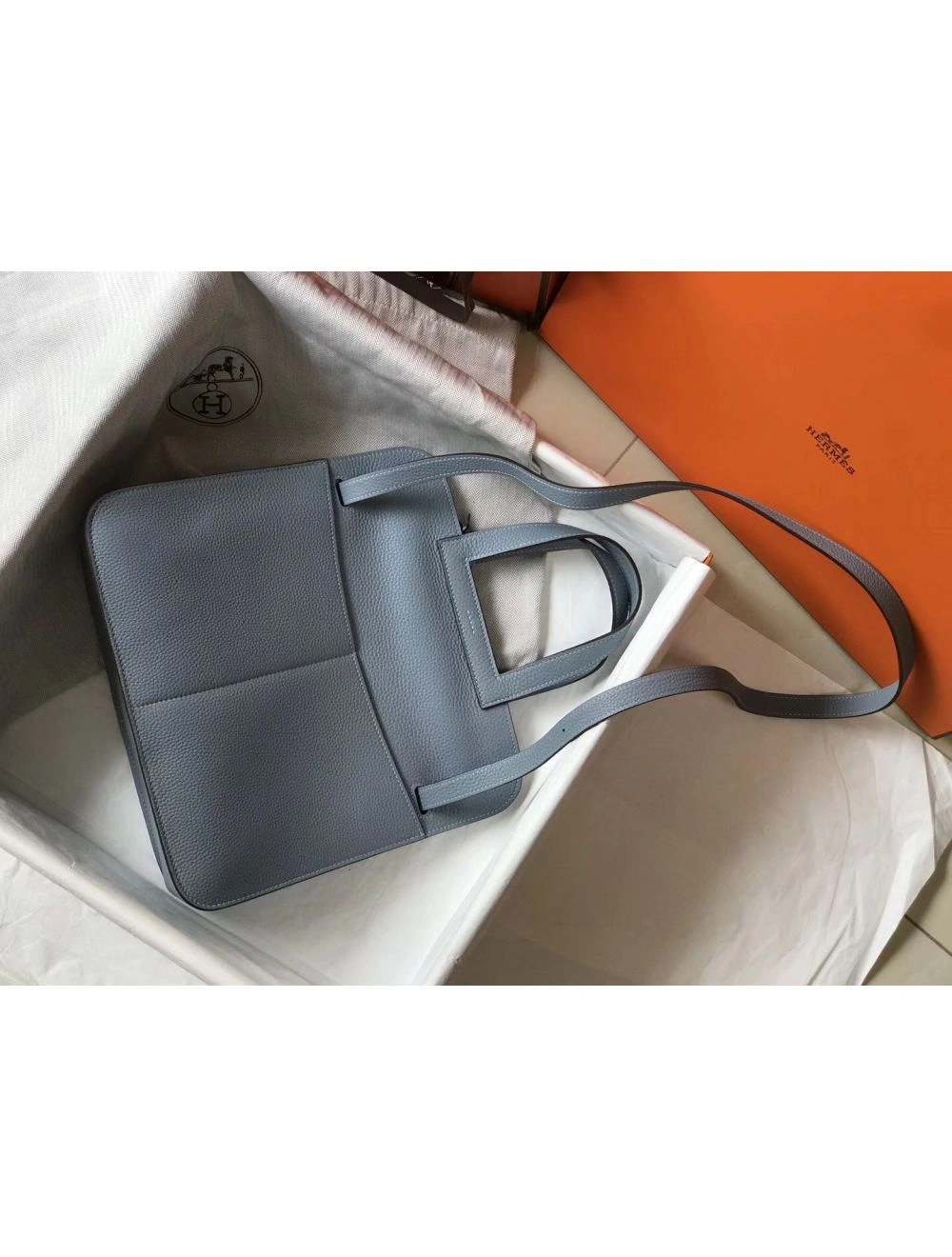 Hermes Halzan 31cm Bag In Blue Lin Clemence Leather