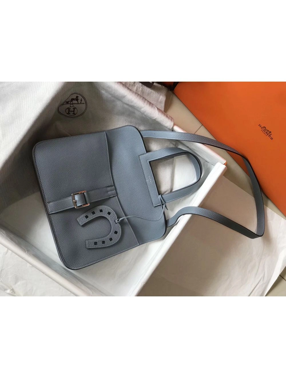 Hermes Halzan 31cm Bag In Blue Lin Clemence Leather
