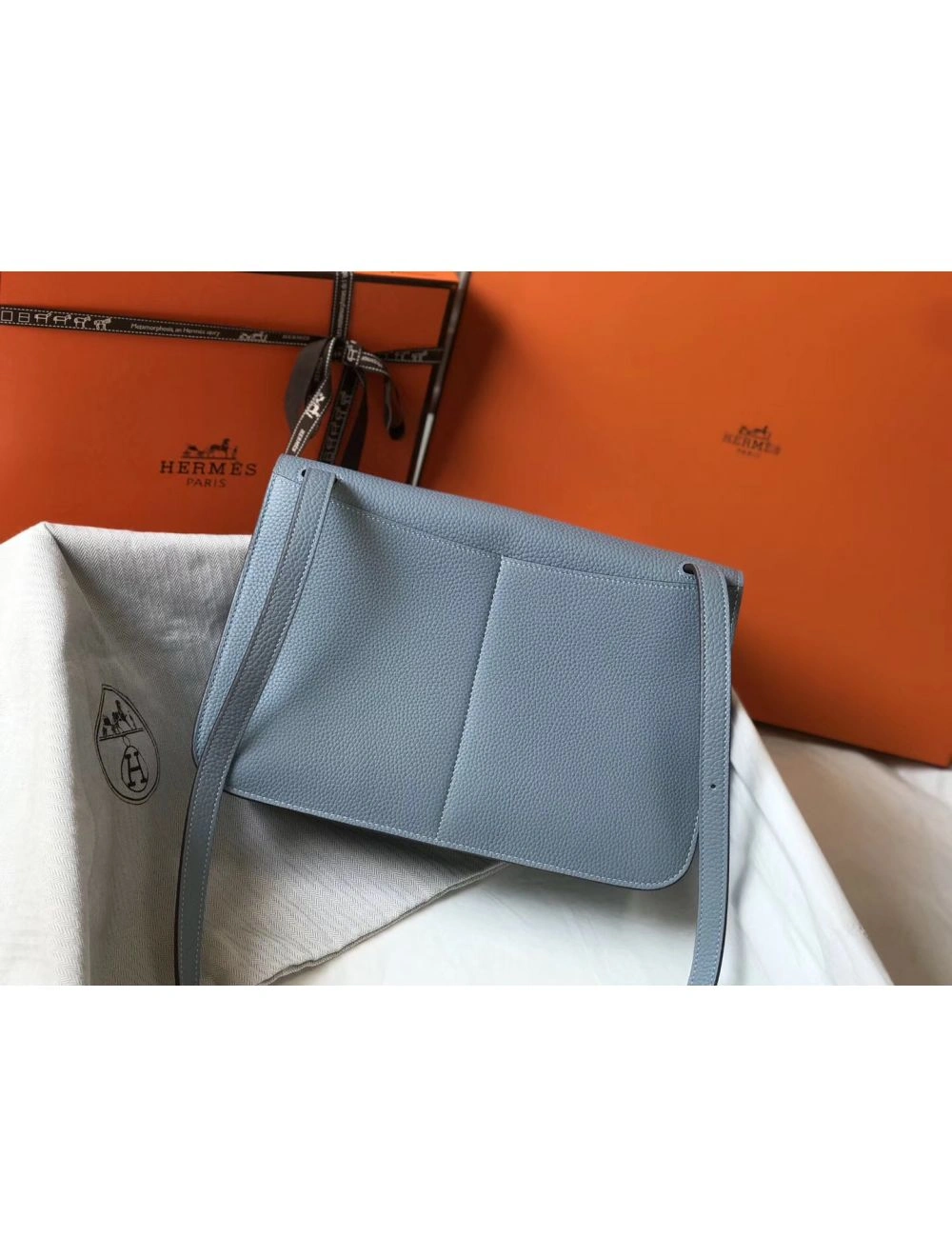 Hermes Halzan 31cm Bag In Blue Lin Clemence Leather