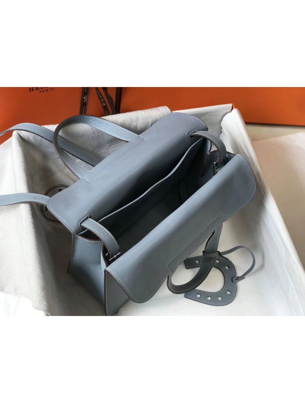 Hermes Halzan 31cm Bag In Blue Lin Clemence Leather