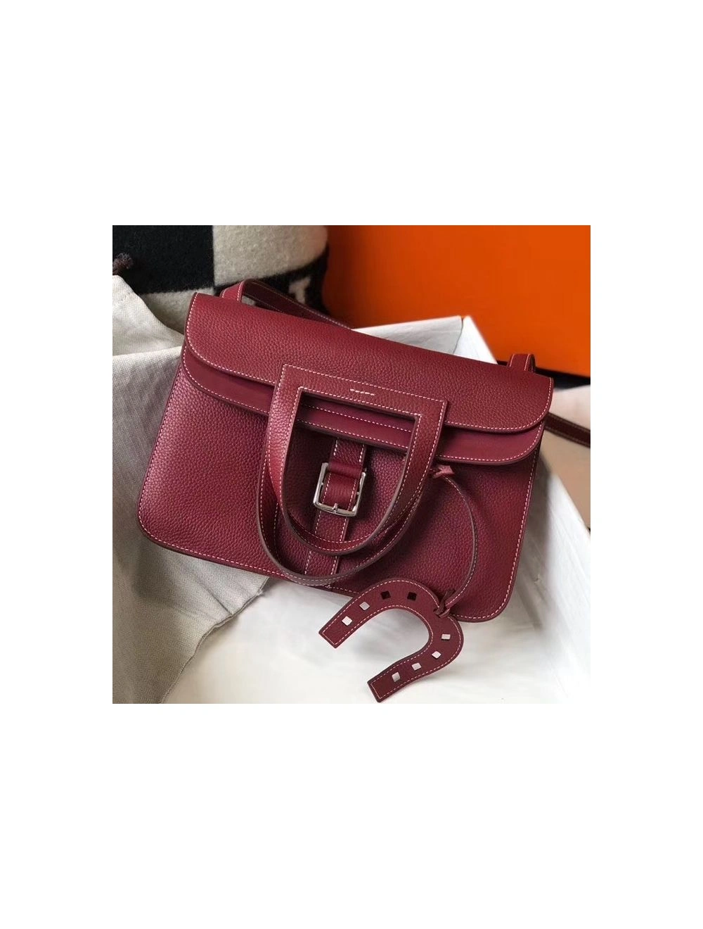 Hermes Halzan 31cm Bag In Bordeaux Clemence Leather