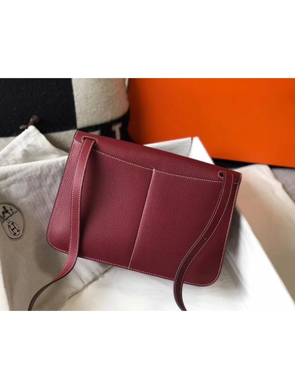 Hermes Halzan 31cm Bag In Bordeaux Clemence Leather