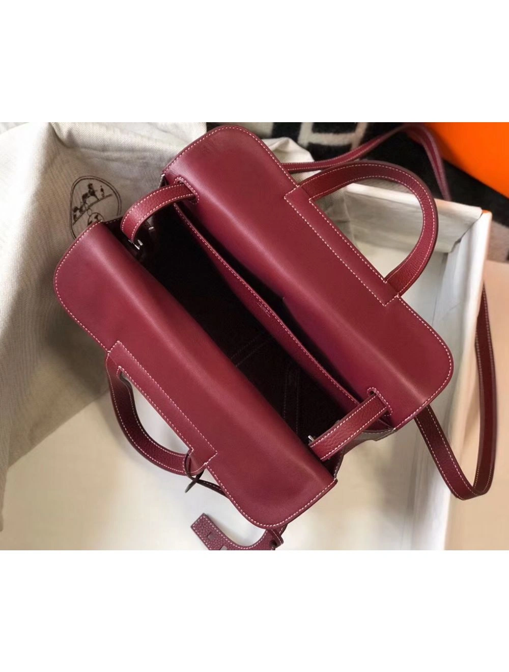 Hermes Halzan 31cm Bag In Bordeaux Clemence Leather