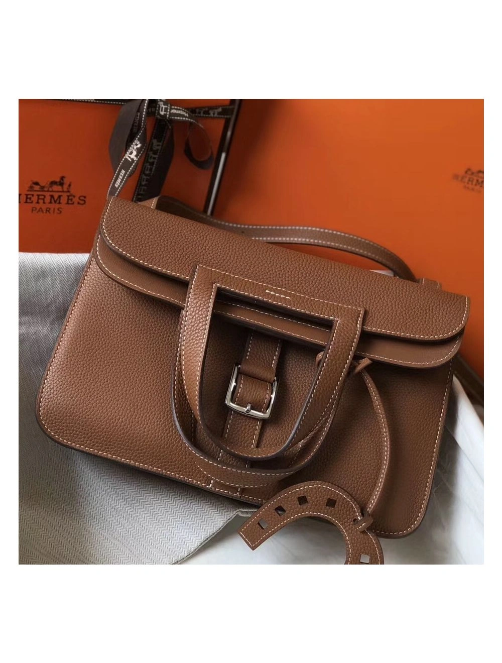 Hermes Halzan 31cm Bag In Gold Clemence Leather