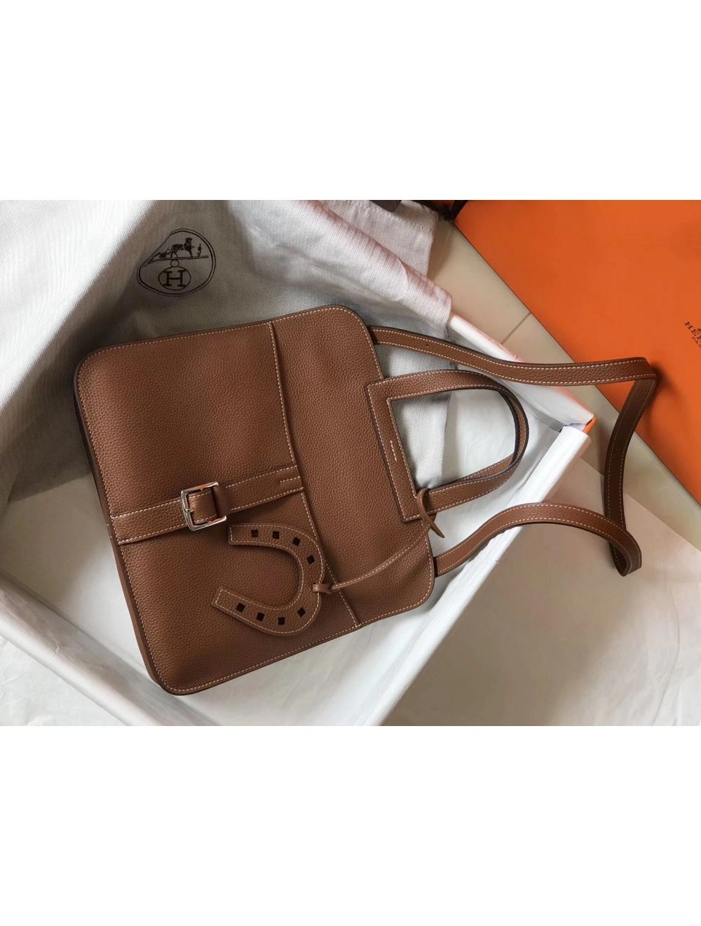 Hermes Halzan 31cm Bag In Gold Clemence Leather