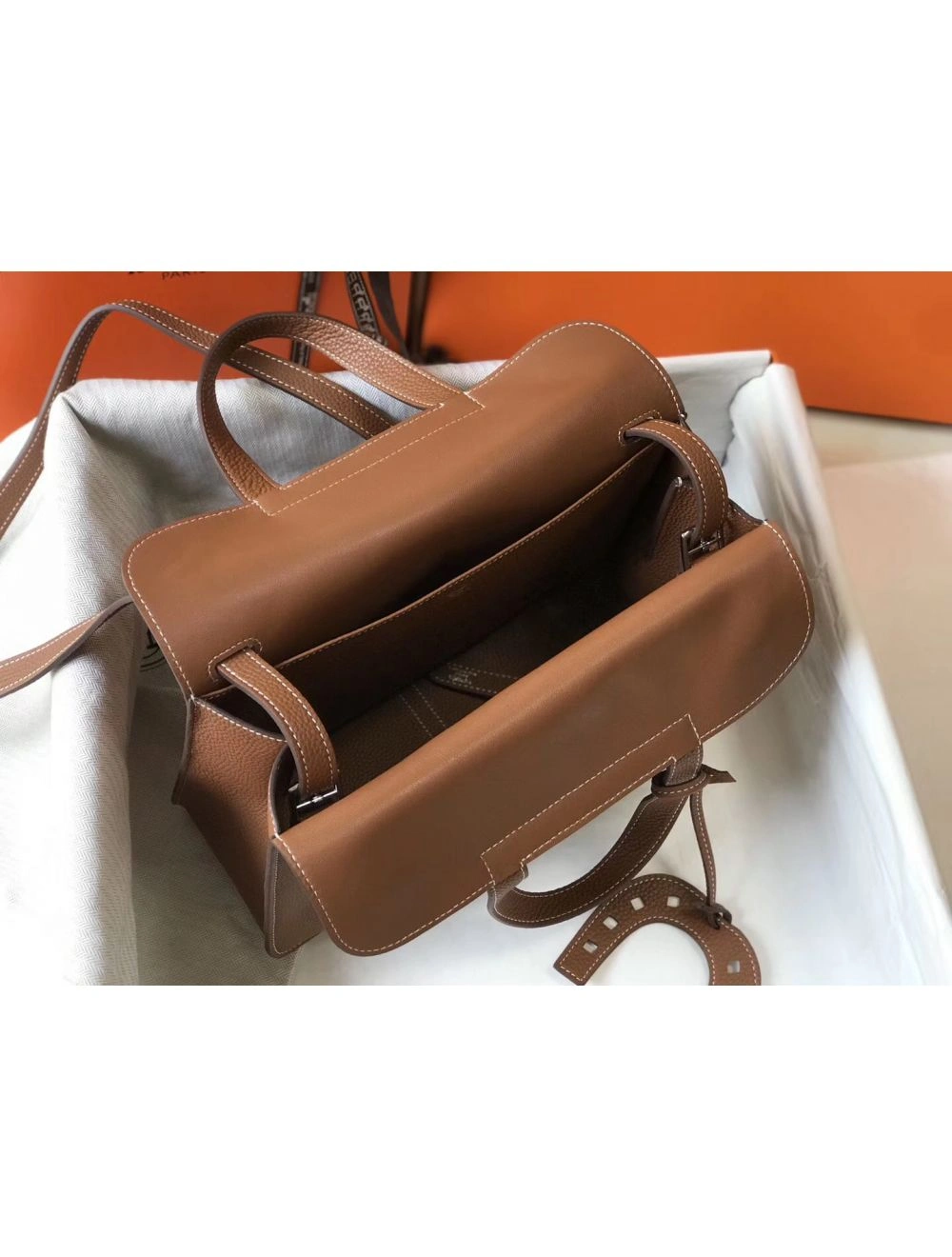 Hermes Halzan 31cm Bag In Gold Clemence Leather