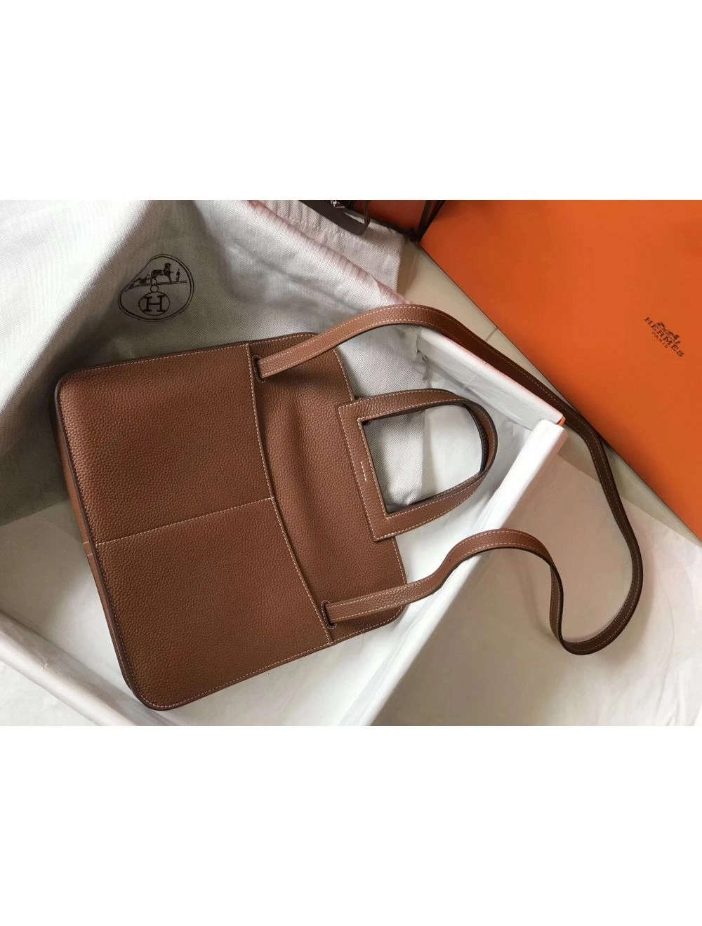 Hermes Halzan 31cm Bag In Gold Clemence Leather
