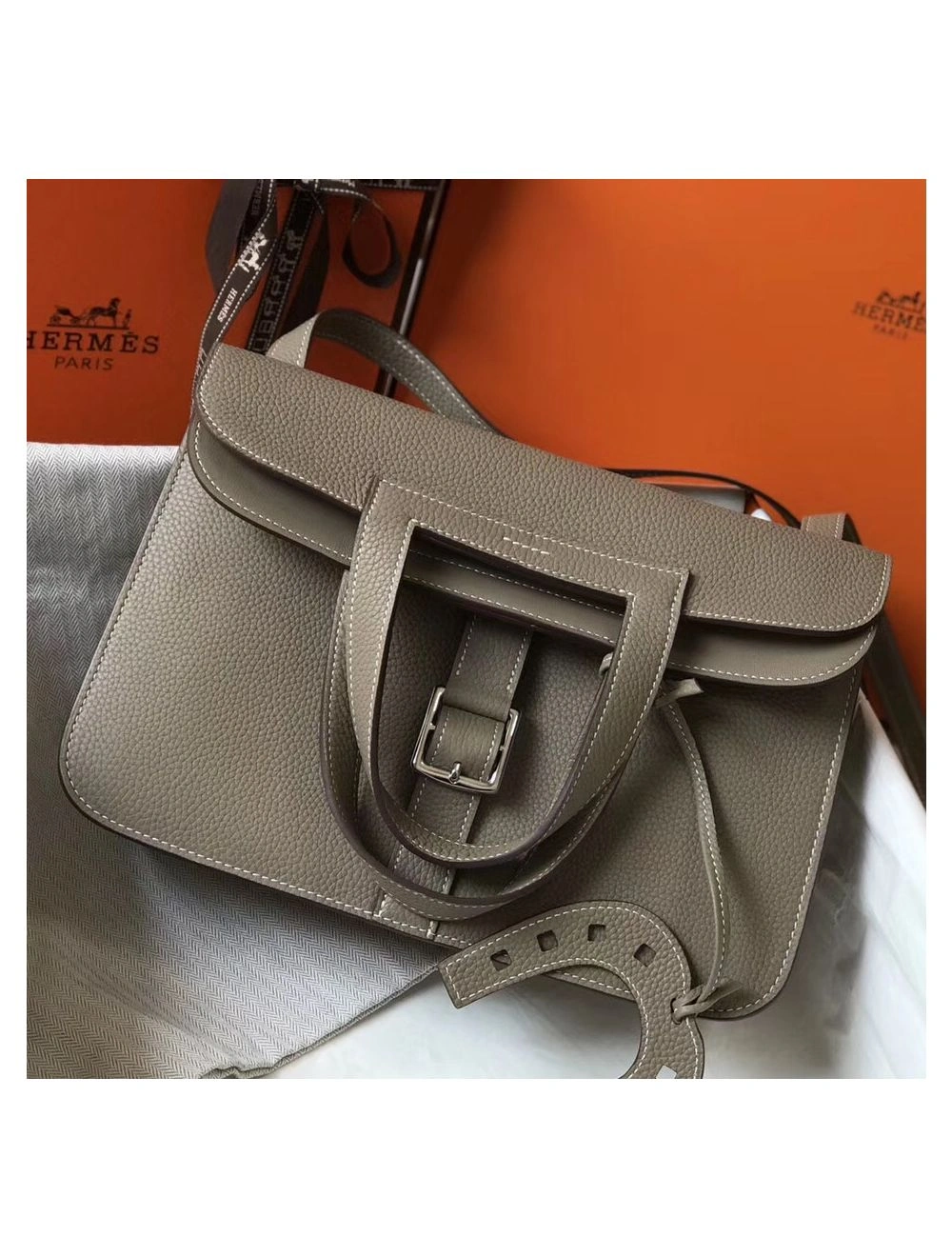 Hermes Halzan 31cm Bag In Grey Clemence Leather