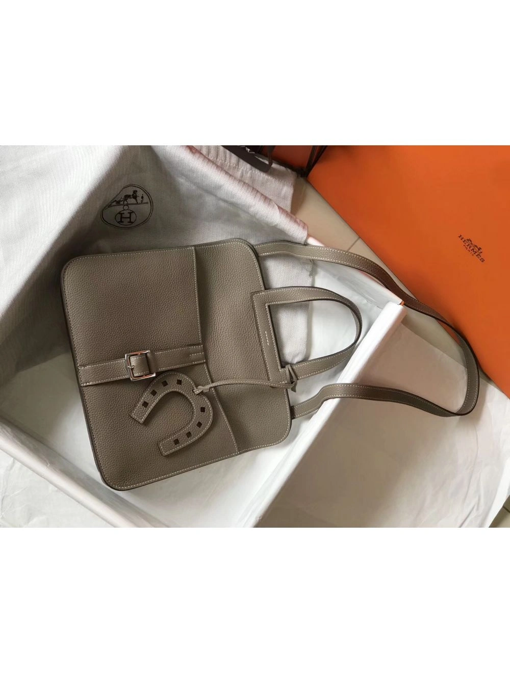 Hermes Halzan 31cm Bag In Grey Clemence Leather