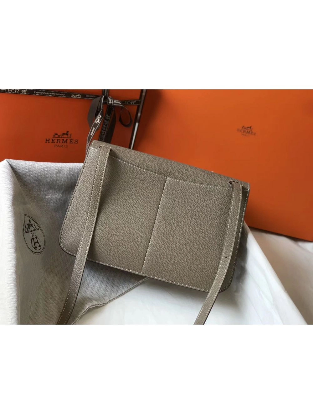 Hermes Halzan 31cm Bag In Grey Clemence Leather