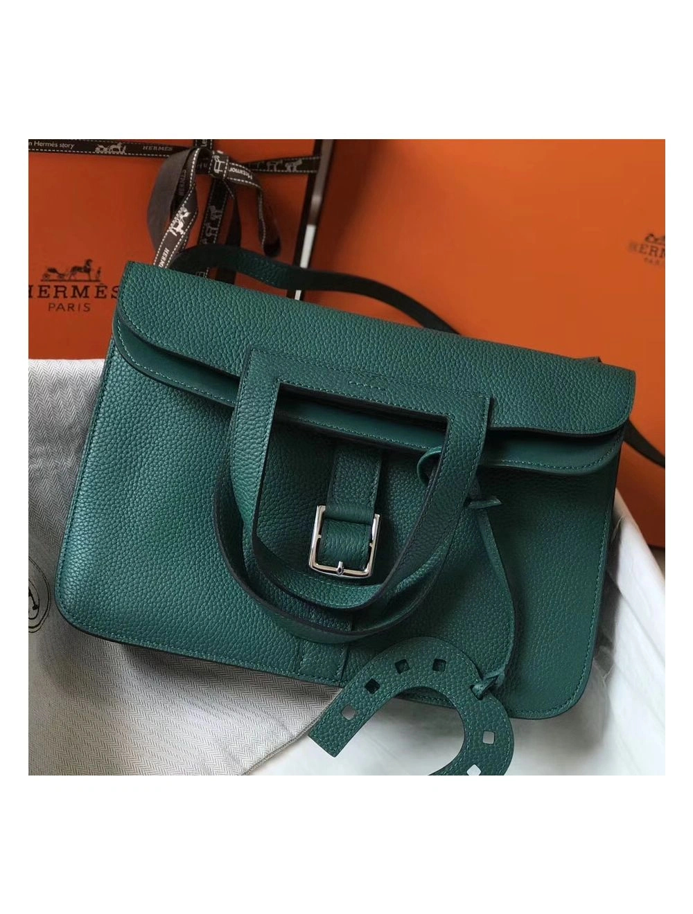 Hermes Halzan 31cm Bag In Malachite Clemence Leather