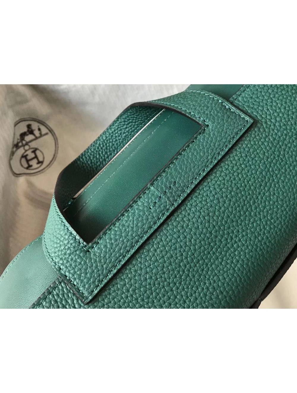 Hermes Halzan 31cm Bag In Malachite Clemence Leather