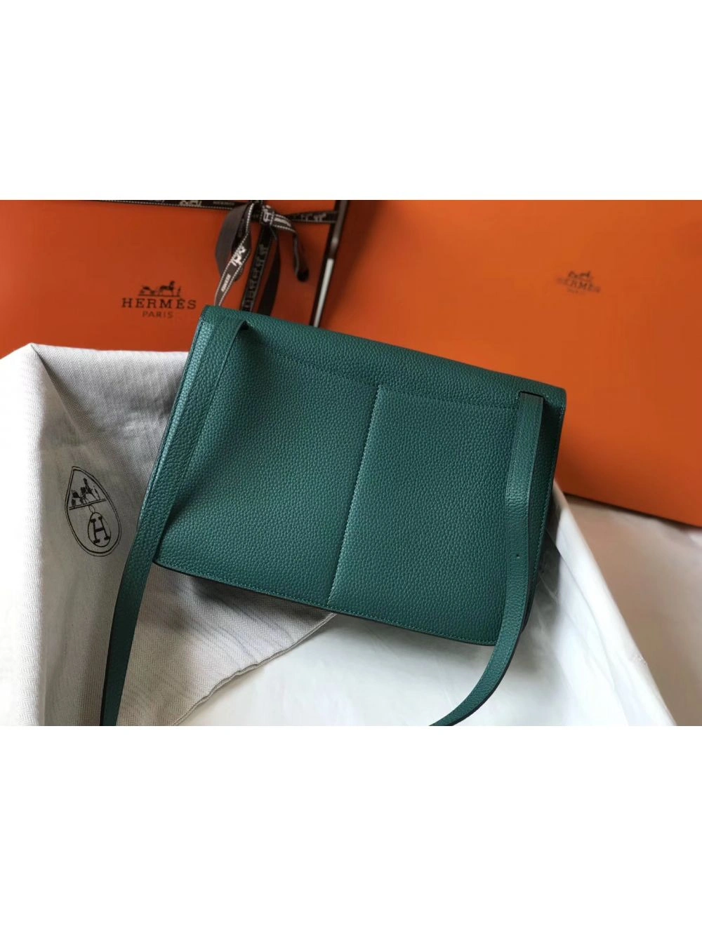Hermes Halzan 31cm Bag In Malachite Clemence Leather