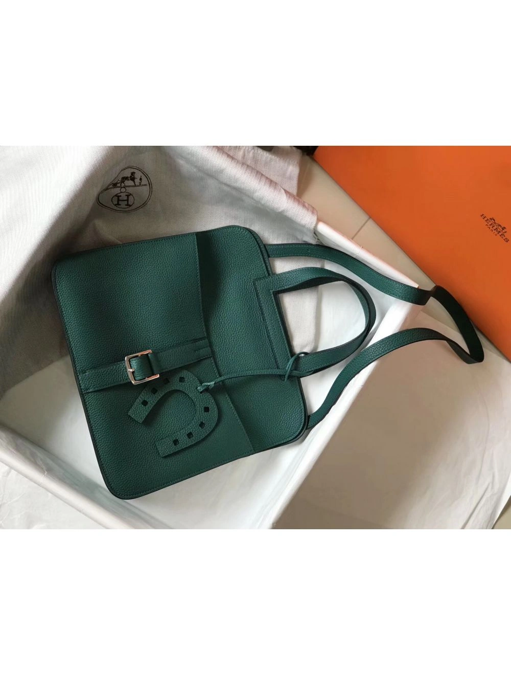 Hermes Halzan 31cm Bag In Malachite Clemence Leather