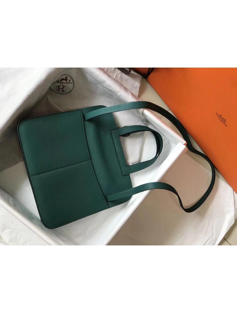 Hermes Halzan 31cm Bag In Malachite Clemence Leather