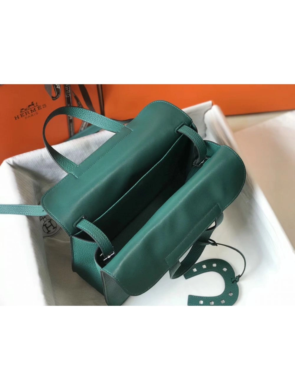 Hermes Halzan 31cm Bag In Malachite Clemence Leather