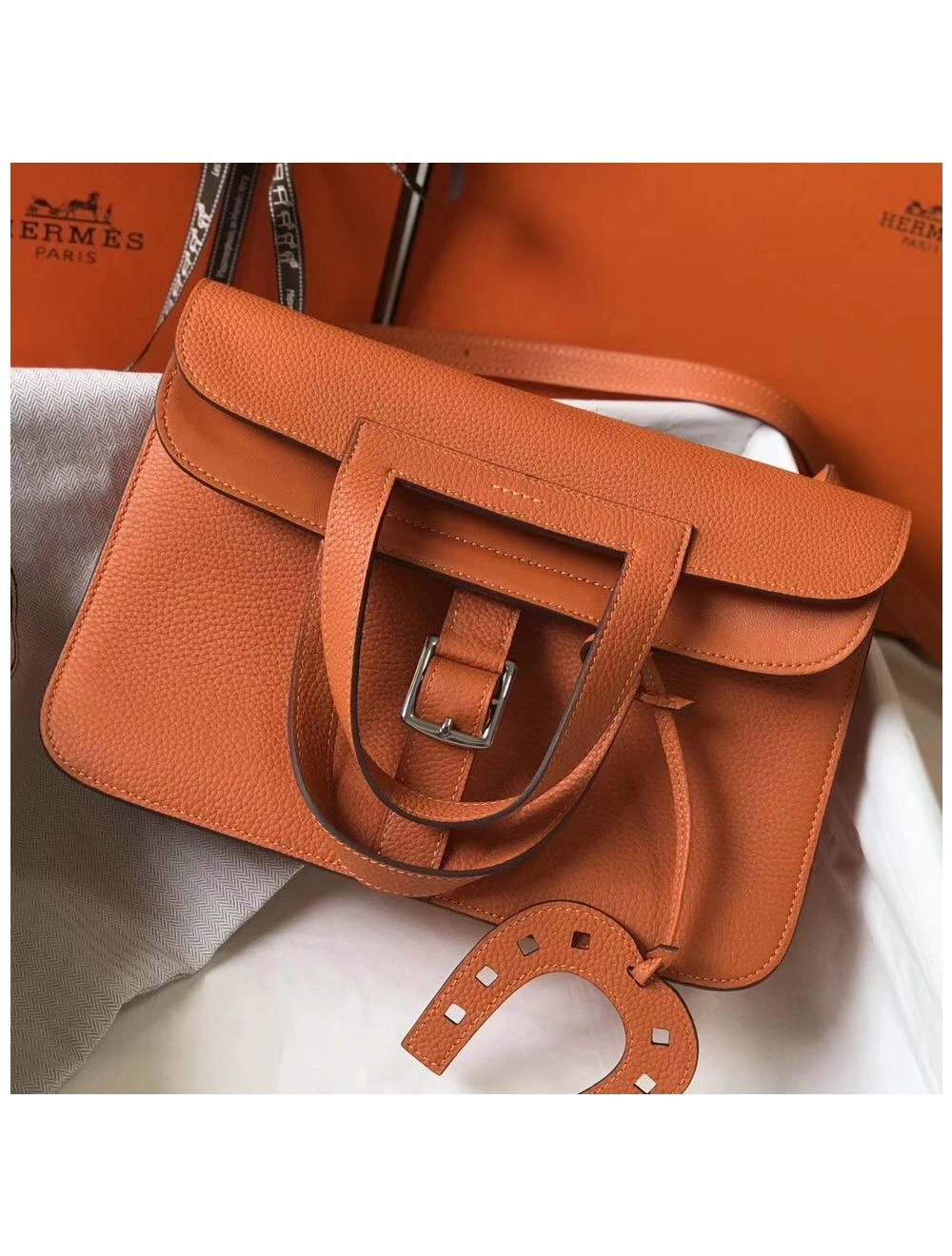 Hermes Halzan 31cm Bag In Orange Clemence Leather