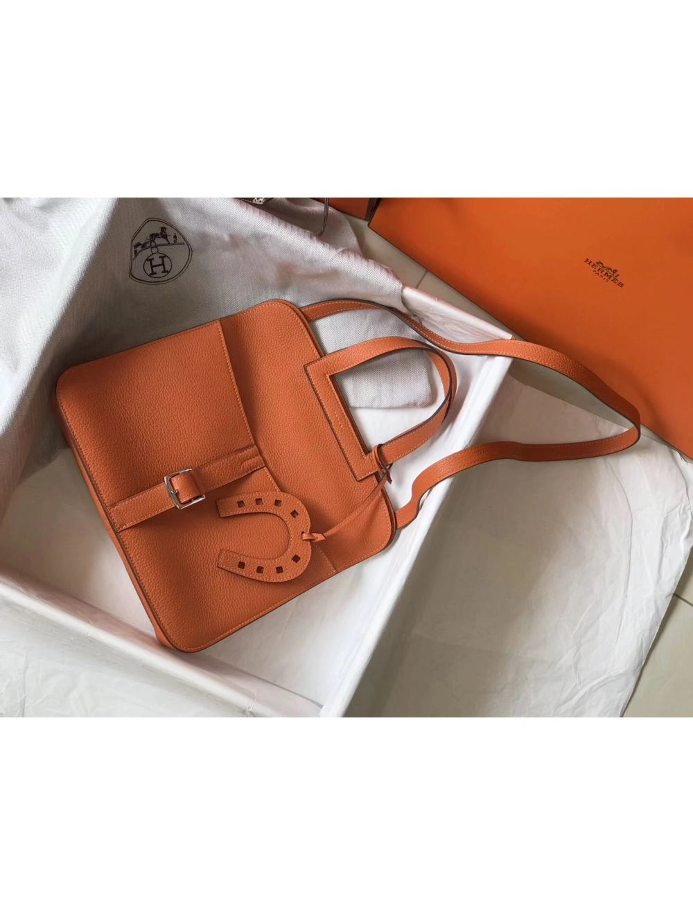 Hermes Halzan 31cm Bag In Orange Clemence Leather