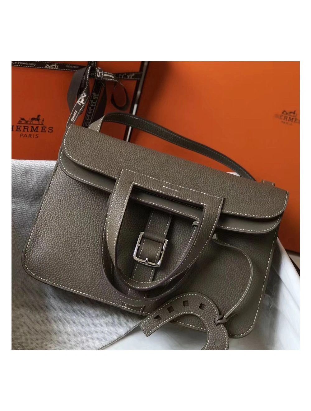 Hermes Halzan 31cm Bag In Taupe Clemence Leather