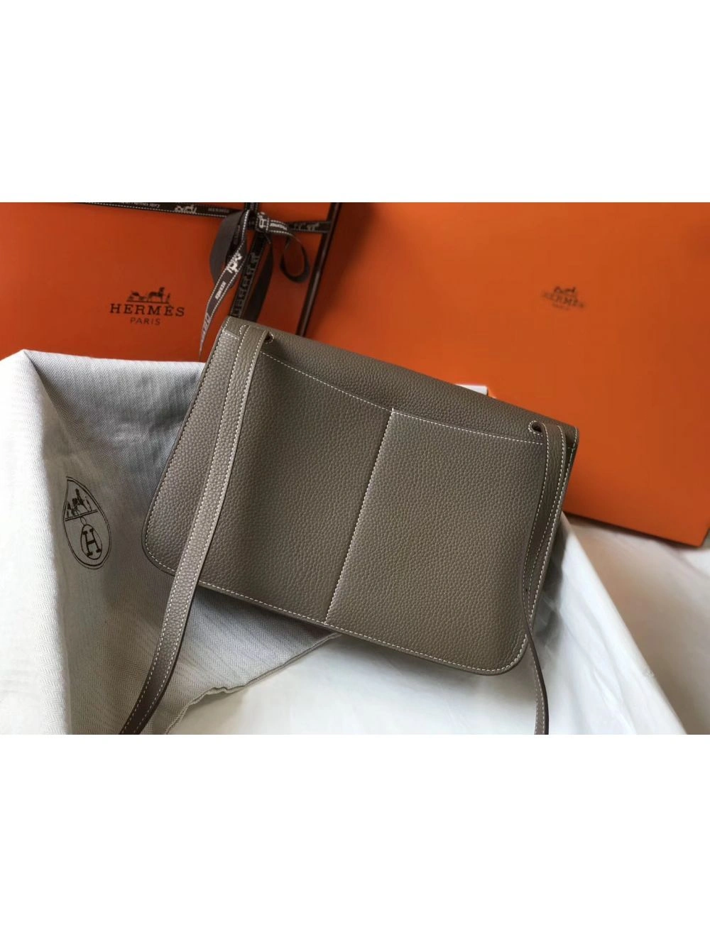 Hermes Halzan 31cm Bag In Taupe Clemence Leather