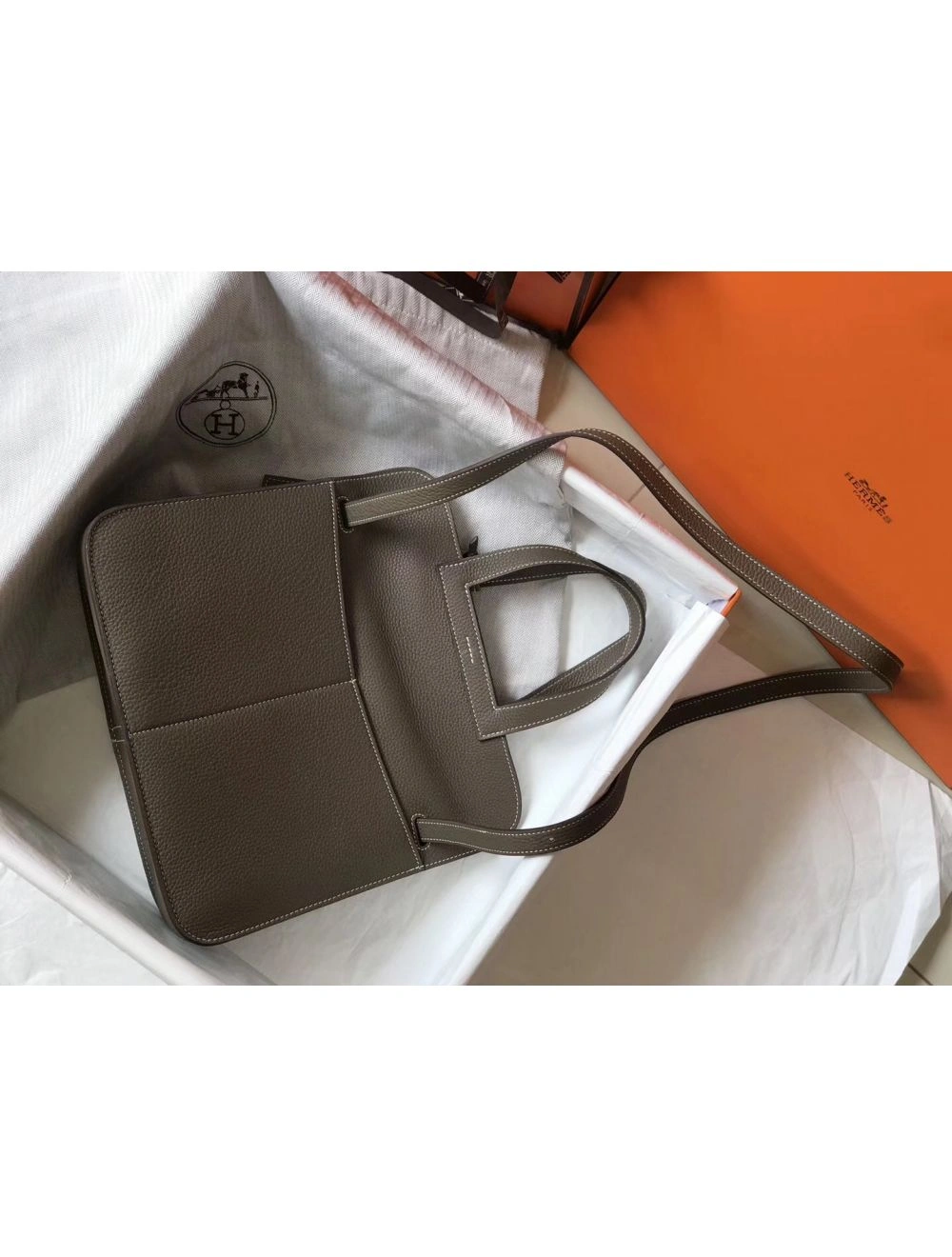 Hermes Halzan 31cm Bag In Taupe Clemence Leather