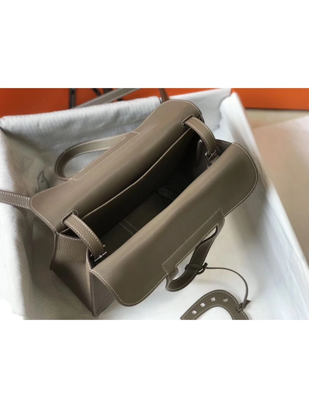 Hermes Halzan 31cm Bag In Taupe Clemence Leather