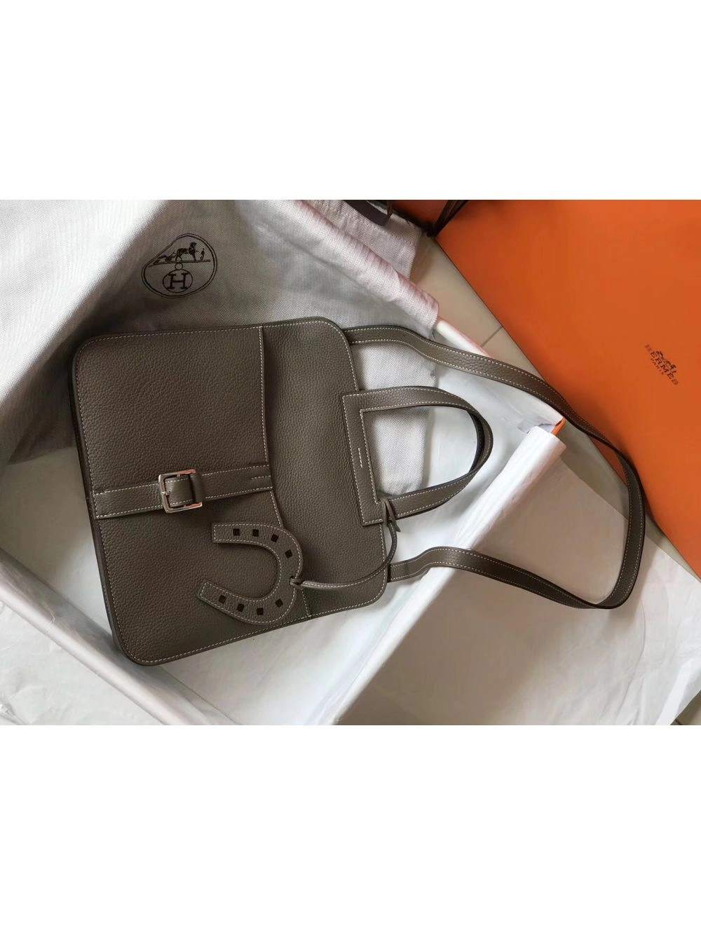 Hermes Halzan 31cm Bag In Taupe Clemence Leather