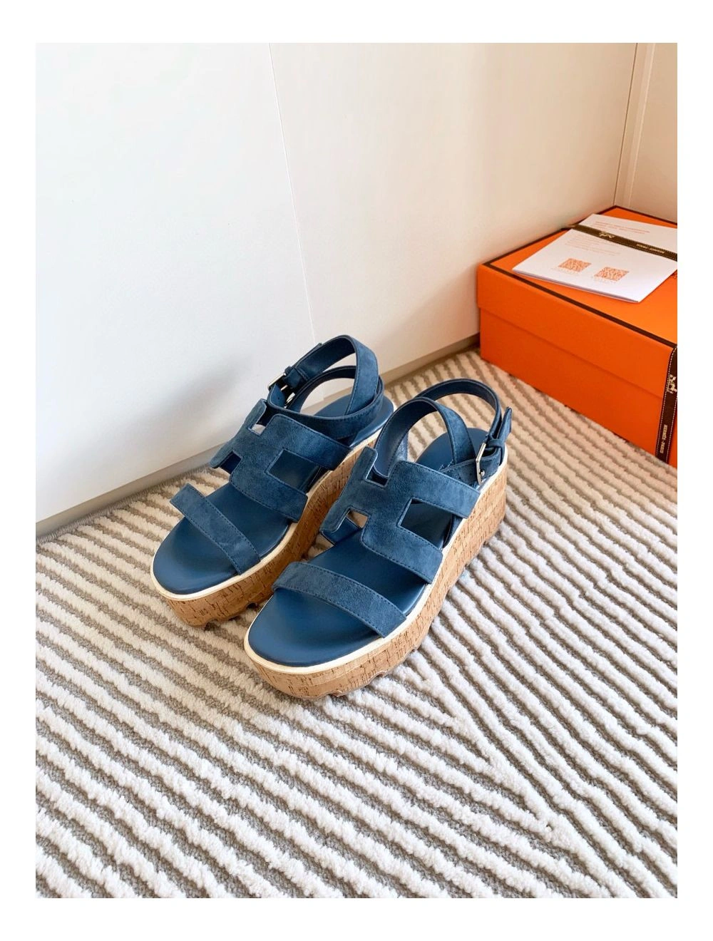 Hermes Havane 30 Sandals in Blue Suede Leather