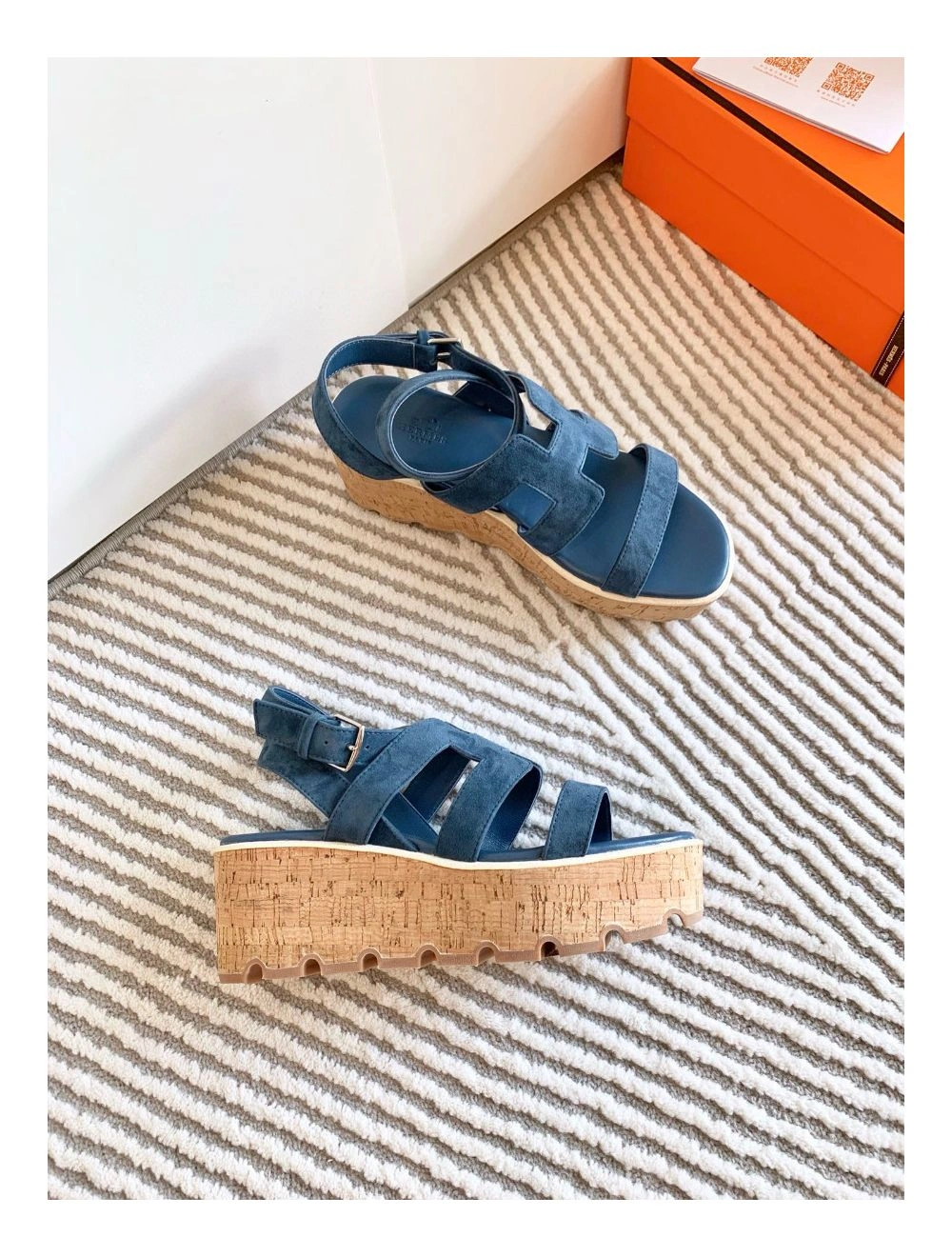 Hermes Havane 30 Sandals in Blue Suede Leather