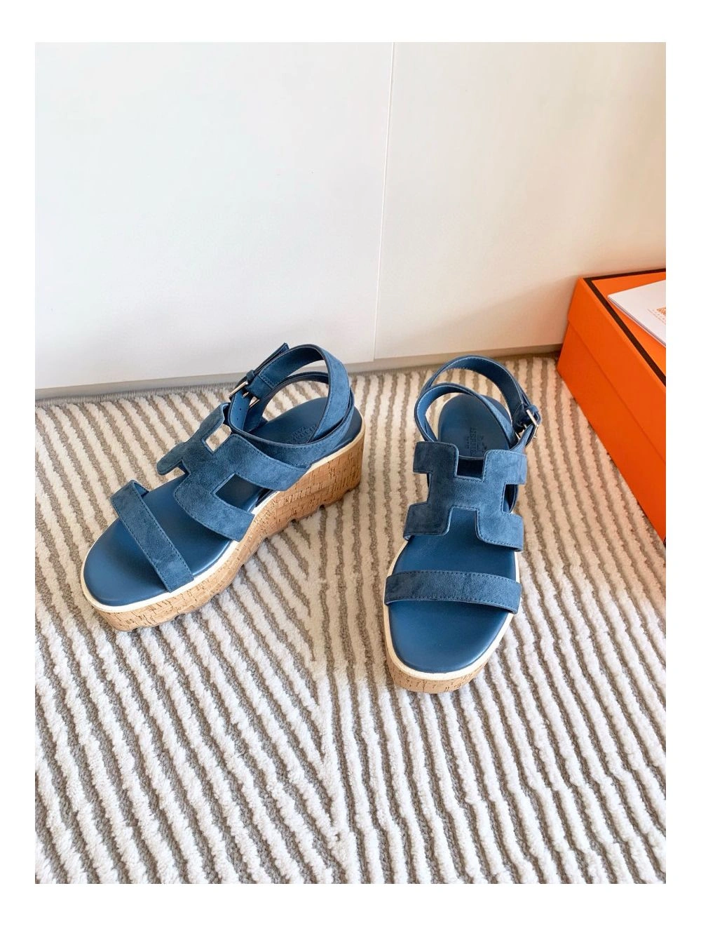 Hermes Havane 30 Sandals in Blue Suede Leather