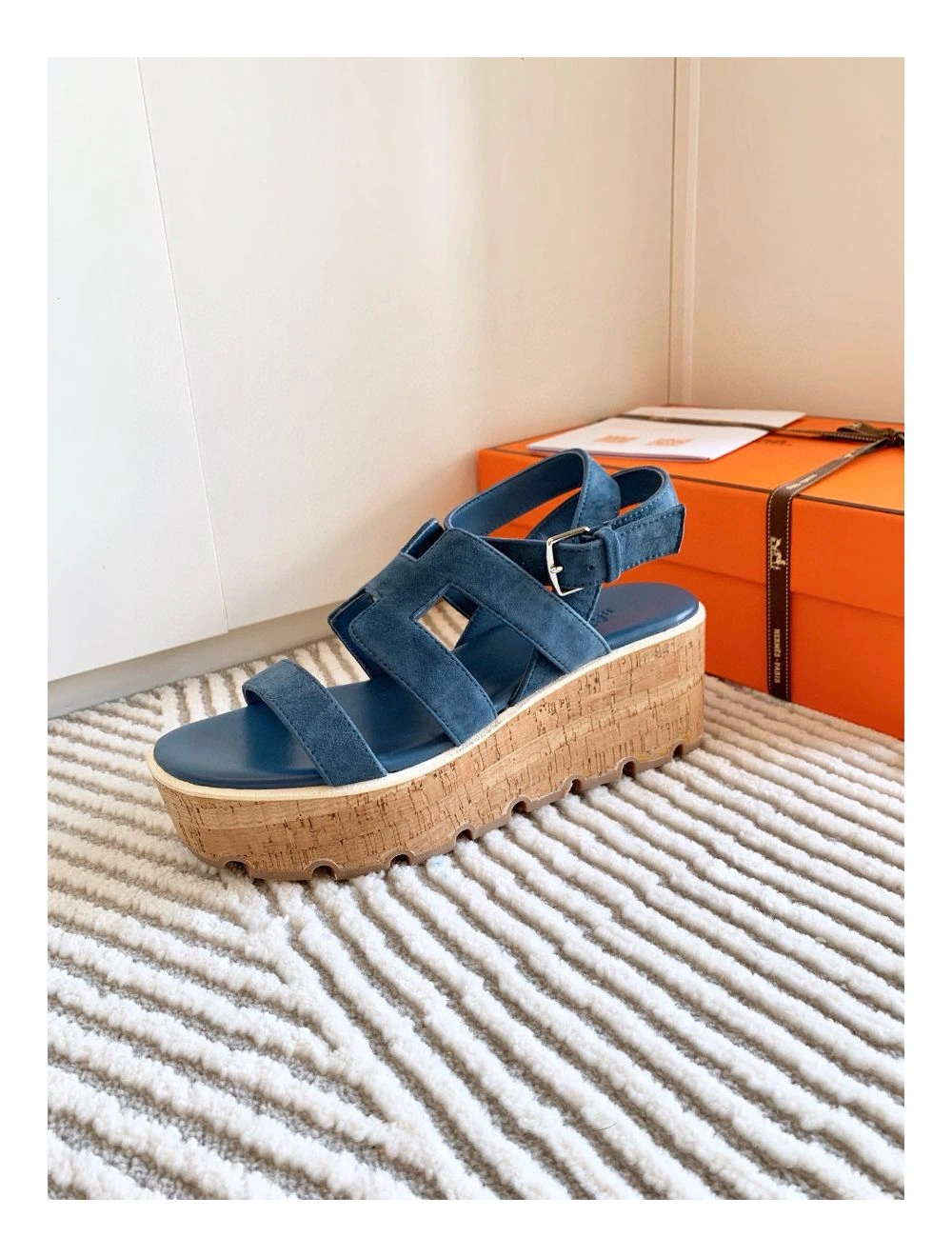 Hermes Havane 30 Sandals in Blue Suede Leather