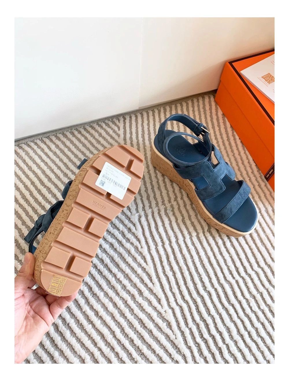 Hermes Havane 30 Sandals in Blue Suede Leather