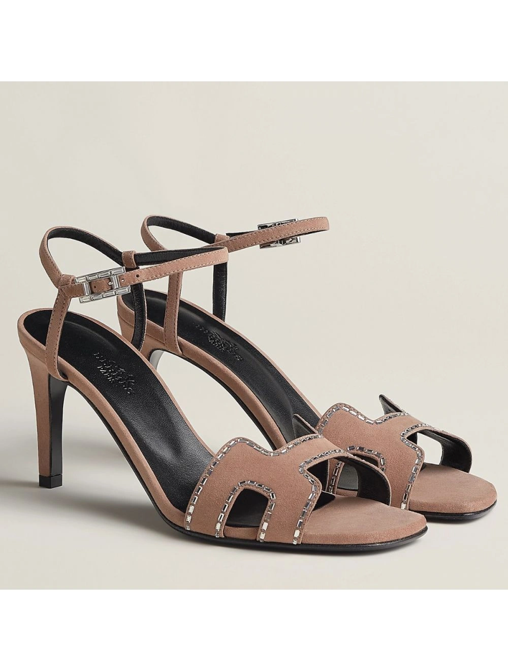 Hermes Heden 80 Sandals in Beige Suede Leather with Rhinestone