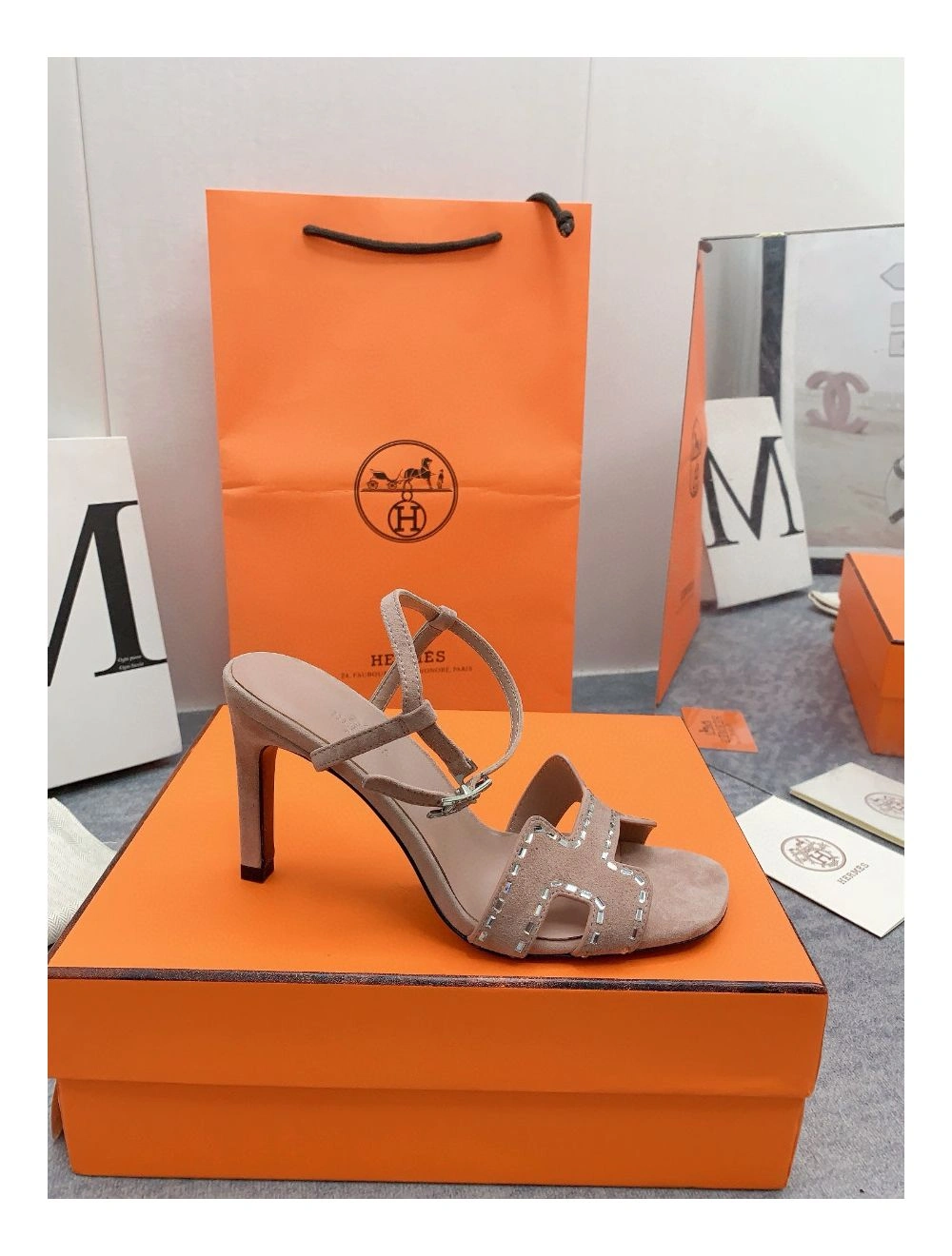 Hermes Heden 80 Sandals in Beige Suede Leather with Rhinestone