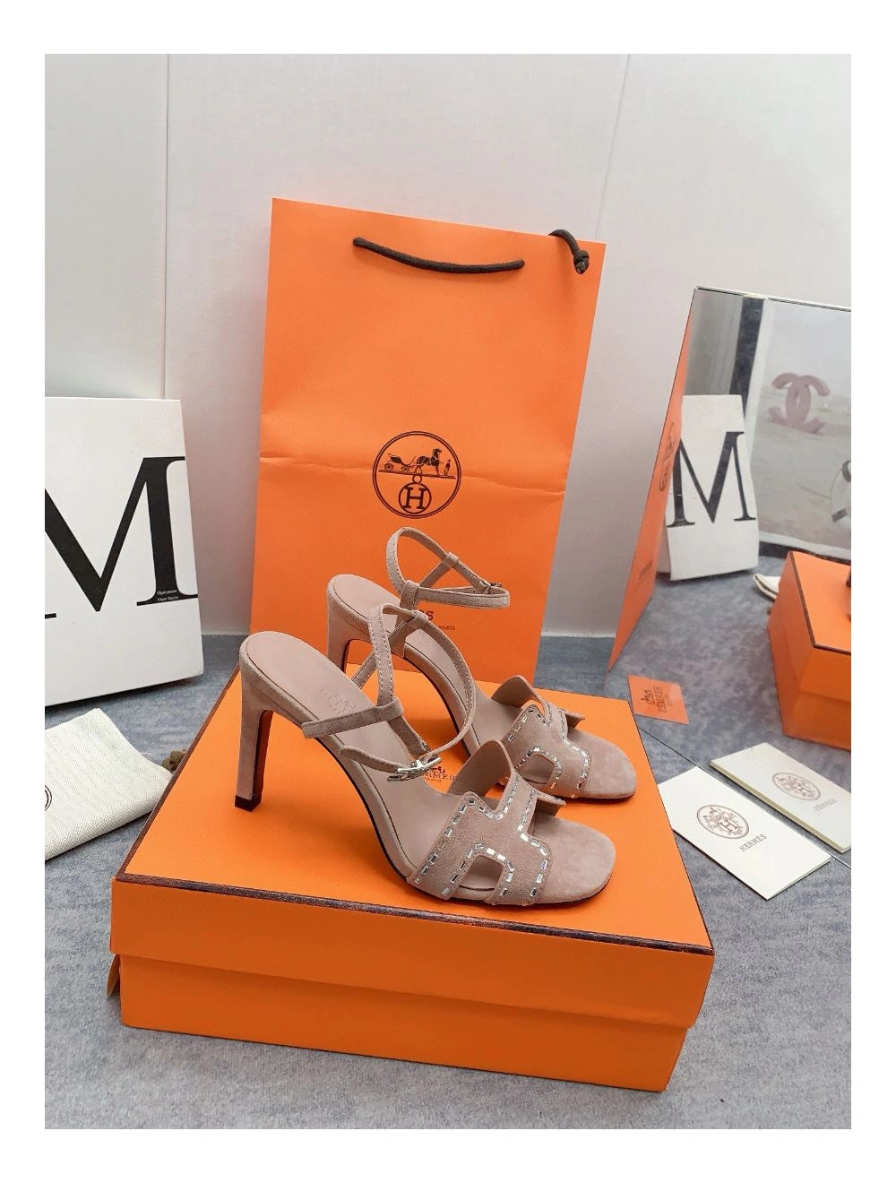 Hermes Heden 80 Sandals in Beige Suede Leather with Rhinestone