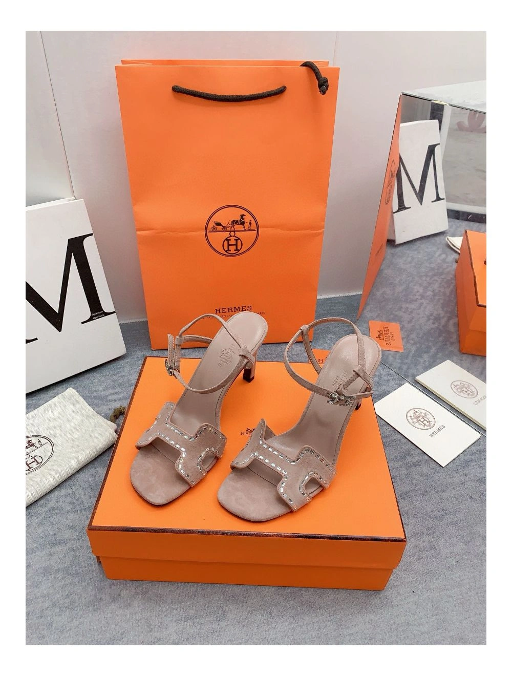 Hermes Heden 80 Sandals in Beige Suede Leather with Rhinestone