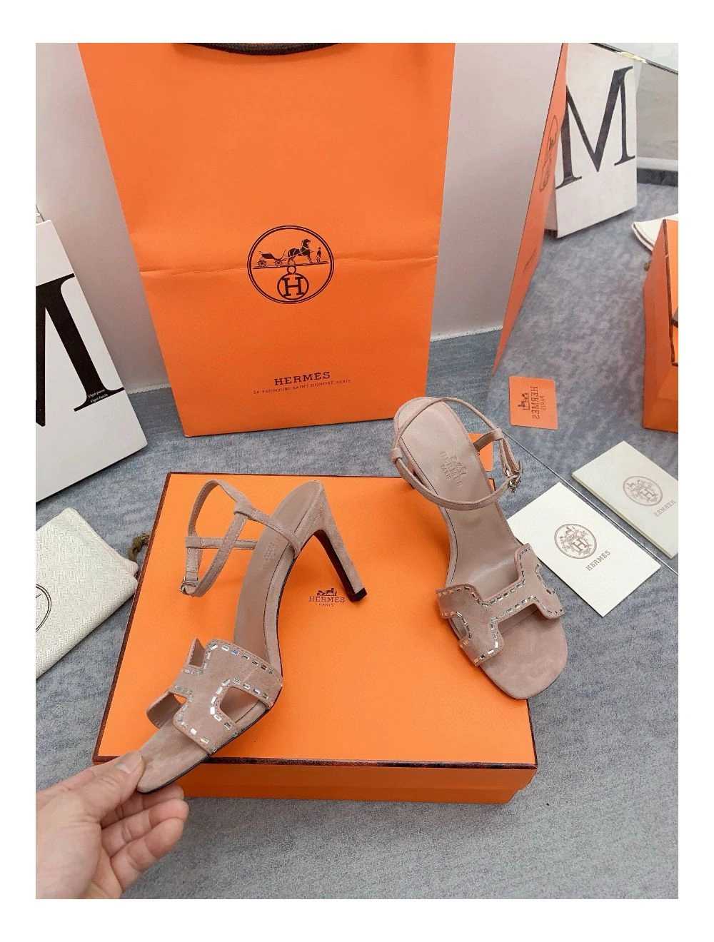 Hermes Heden 80 Sandals in Beige Suede Leather with Rhinestone