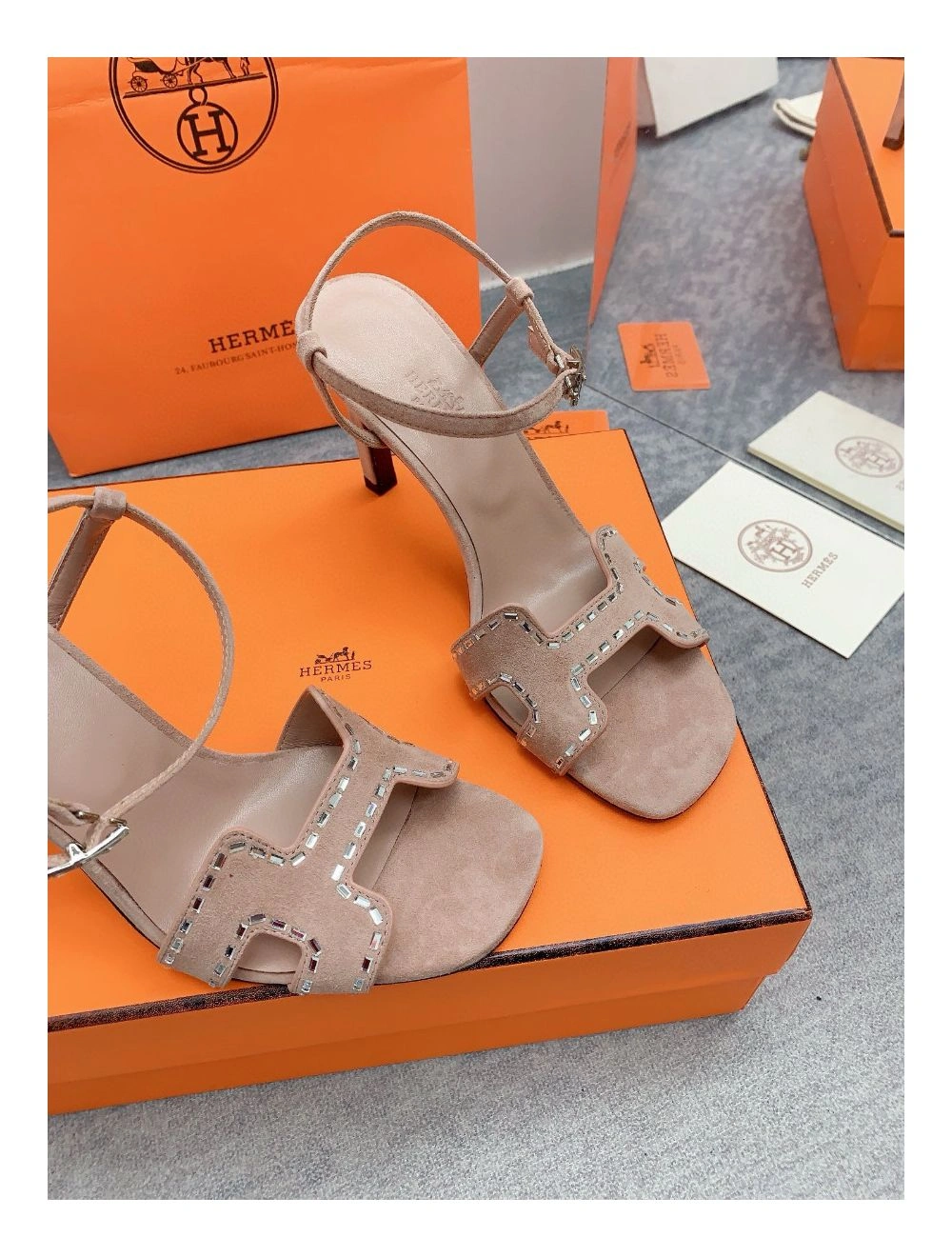 Hermes Heden 80 Sandals in Beige Suede Leather with Rhinestone