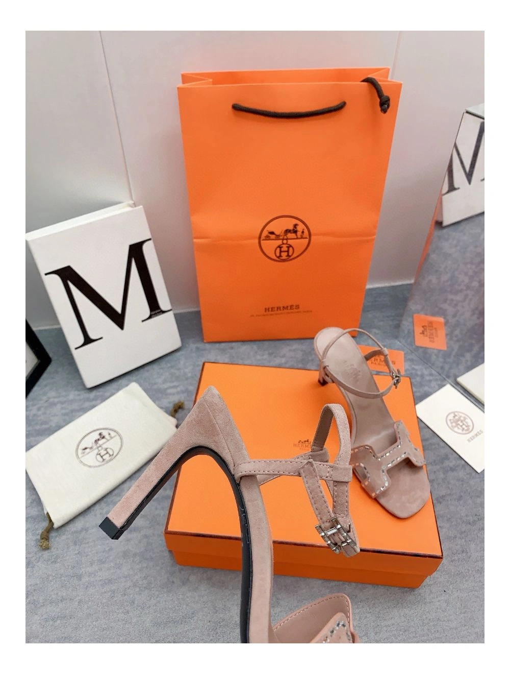 Hermes Heden 80 Sandals in Beige Suede Leather with Rhinestone