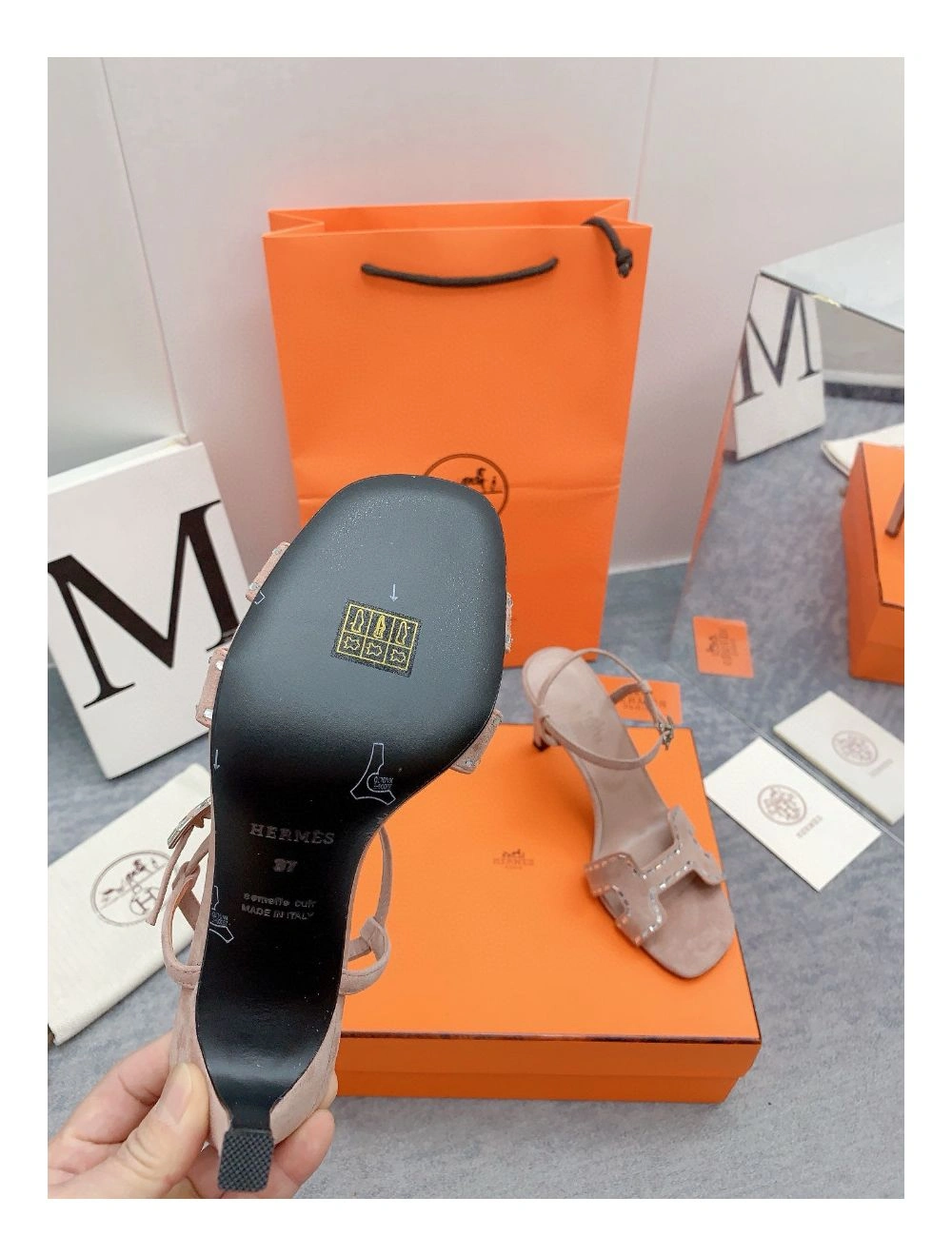 Hermes Heden 80 Sandals in Beige Suede Leather with Rhinestone