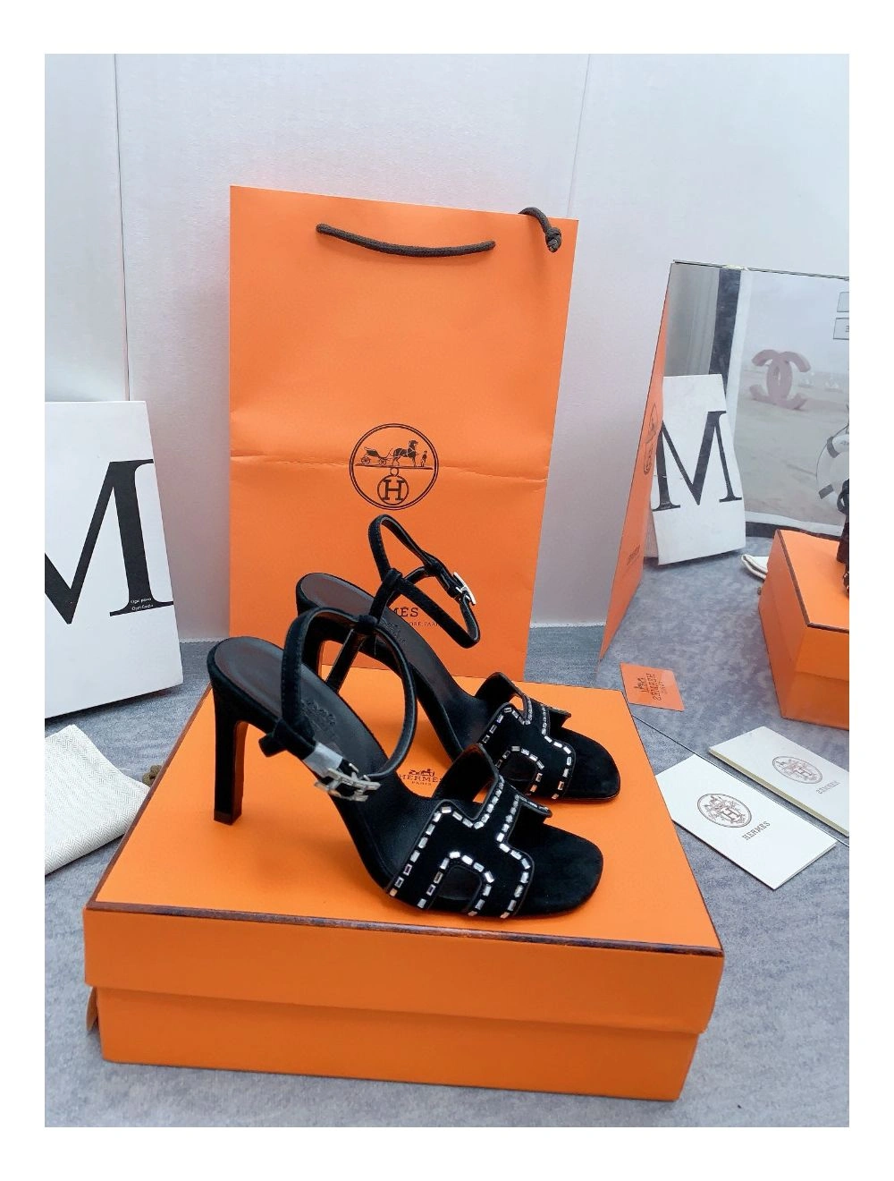 Hermes Heden 80 Sandals in Black Suede Leather with Rhinestone