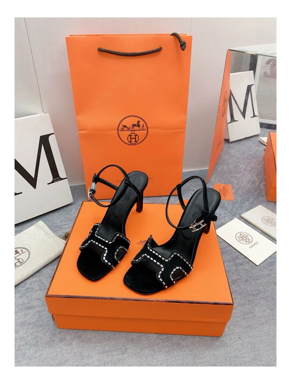 Hermes Heden 80 Sandals in Black Suede Leather with Rhinestone