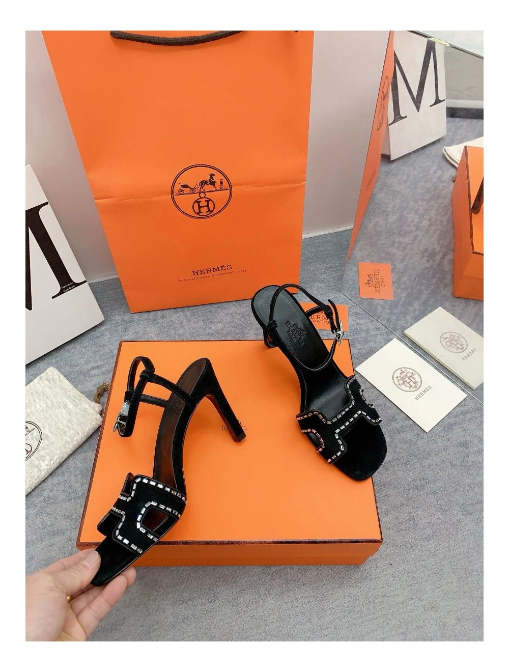 Hermes Heden 80 Sandals in Black Suede Leather with Rhinestone