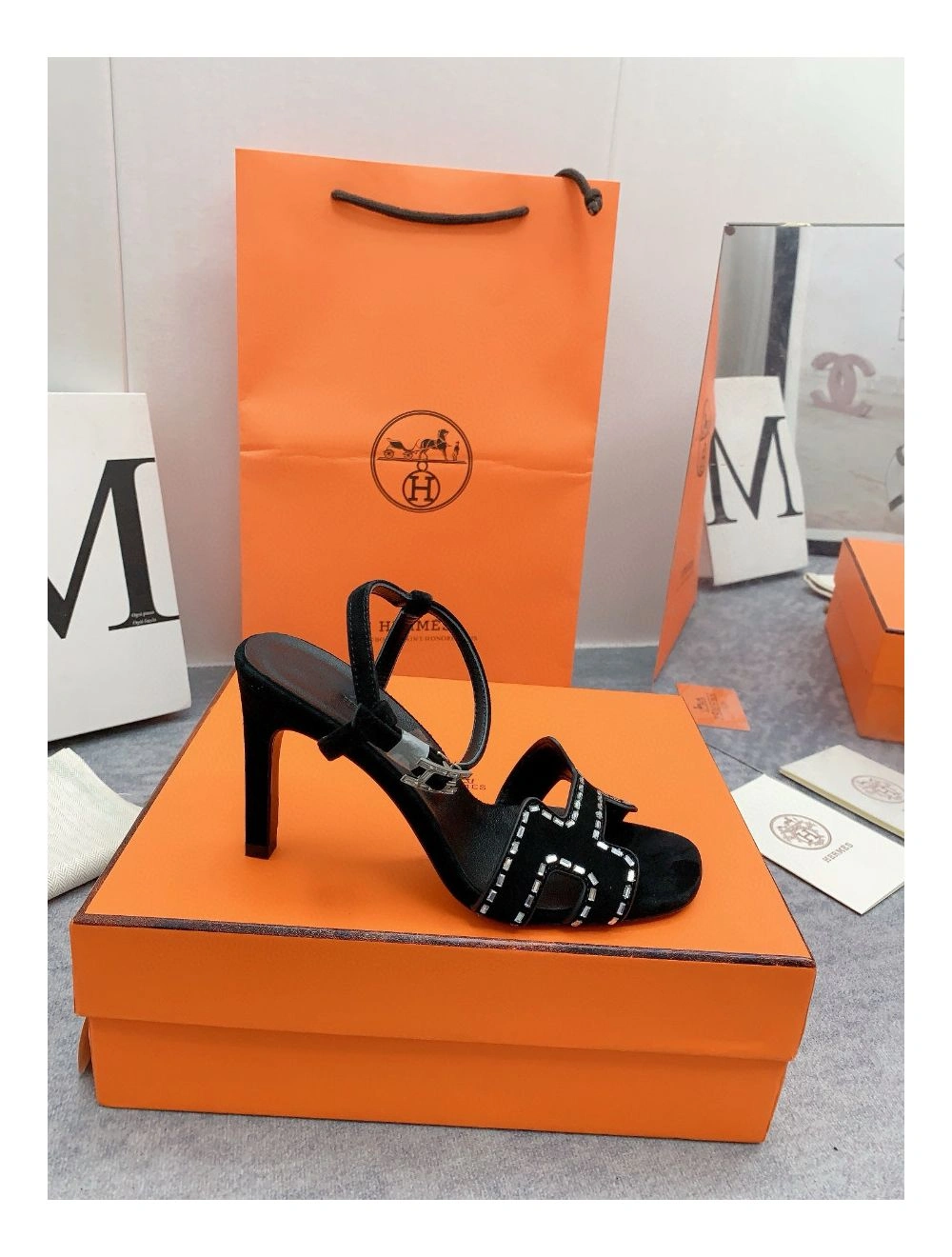 Hermes Heden 80 Sandals in Black Suede Leather with Rhinestone